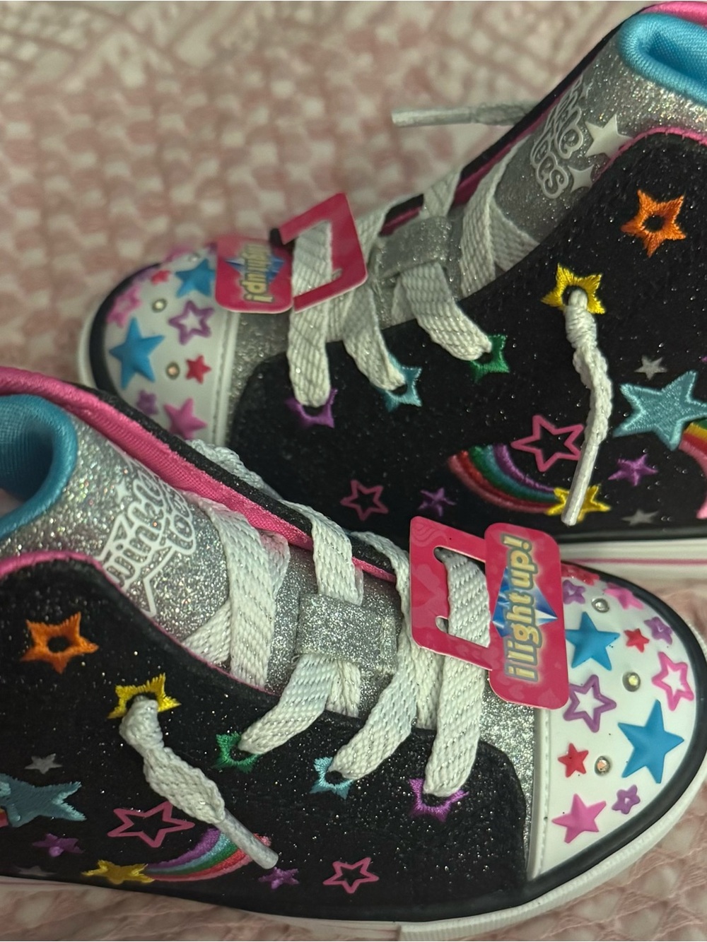 Skechers Kids Black Glitter High-Top Sneakers-Rainbow &Star Embroidery lights up - Picture 4 of 8